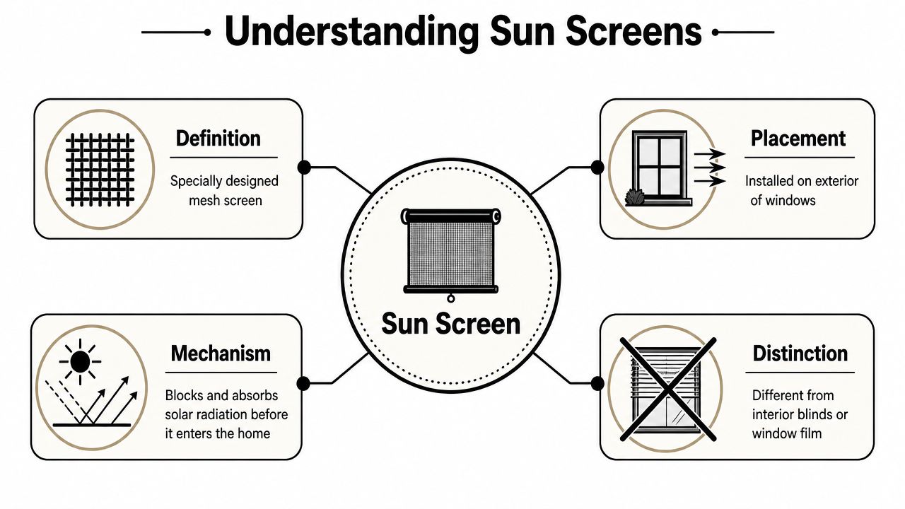 An infographic titled Understanding Sun Screens illustrating the definition, placement, mechanism, and distinction of exterior sun screens.