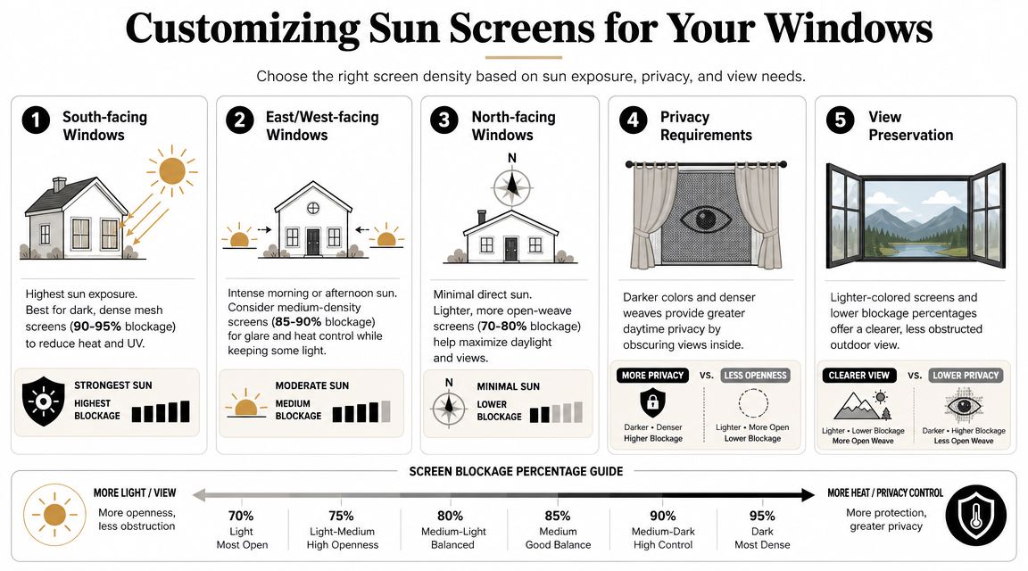 An infographic guide explaining how to choose window sun screen densities based on sunlight and privacy needs.
