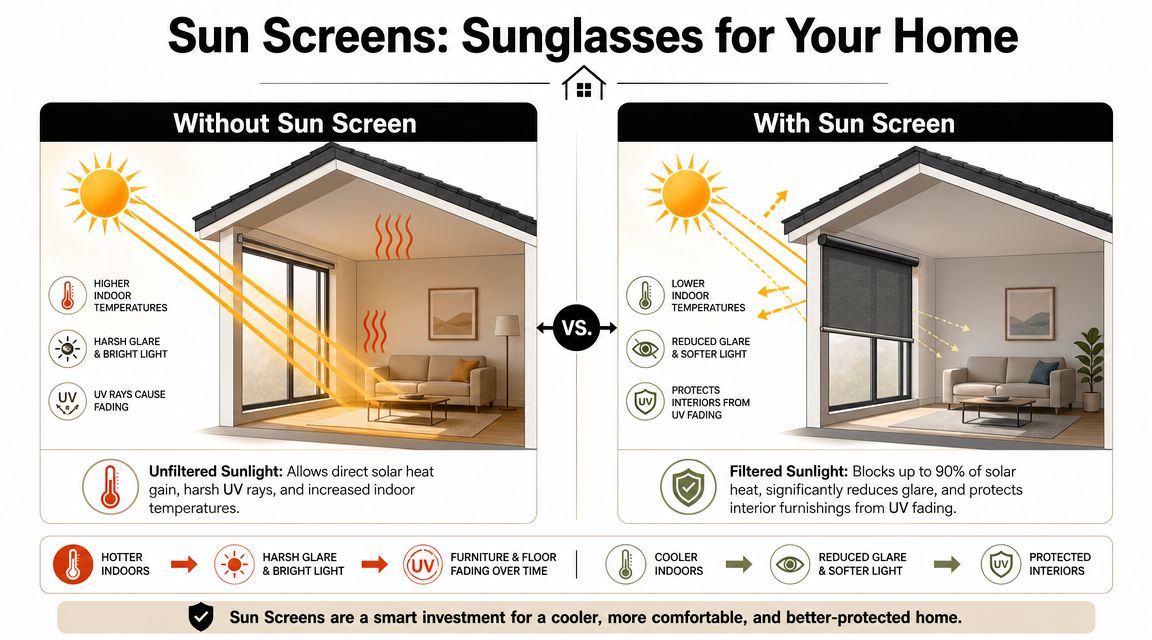 A comparison infographic showing how installing sun screens on home windows keeps interior spaces cooler and protects furniture.