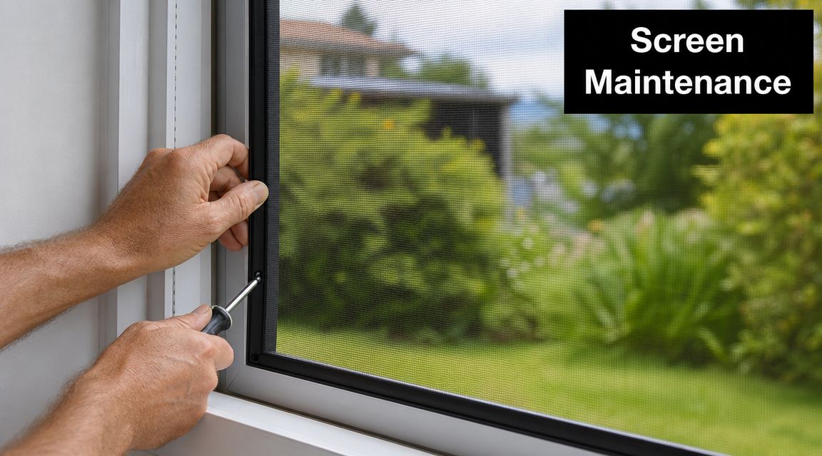 A pair of hands using a screwdriver to repair or install a window insect screen frame.