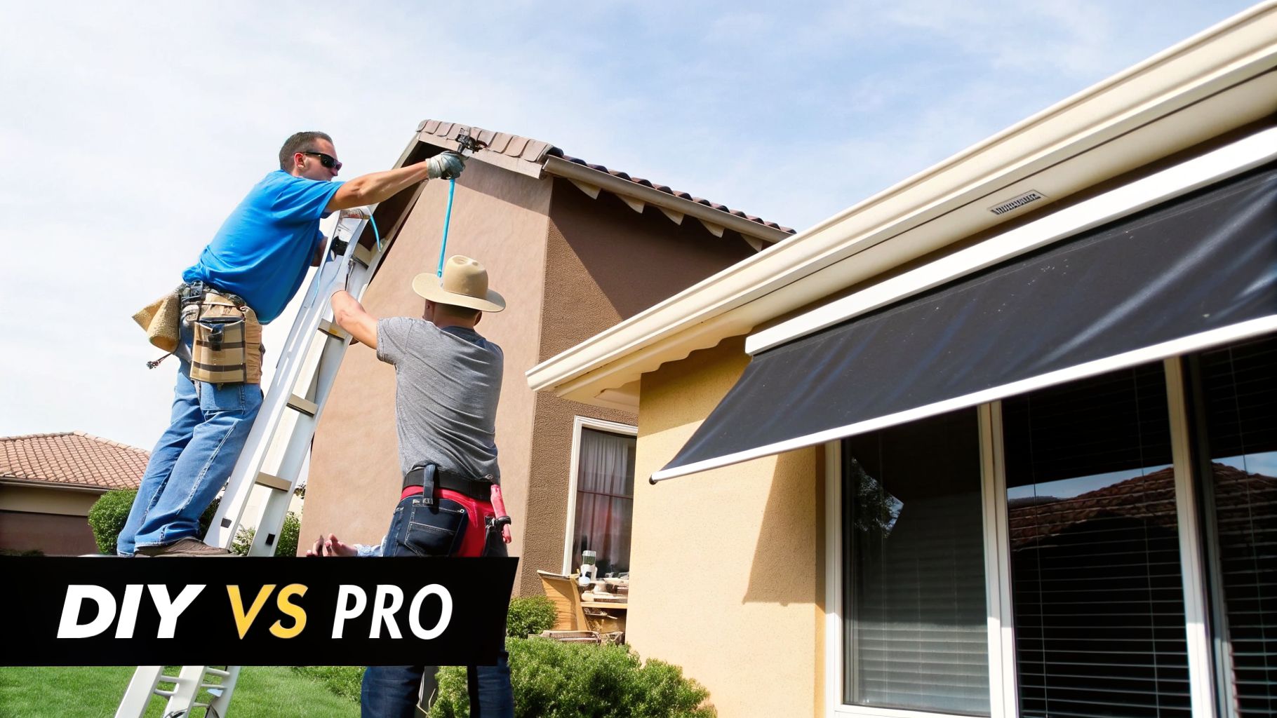 Two men, one on a ladder, working on a house exterior; a dark sun shade is installed.