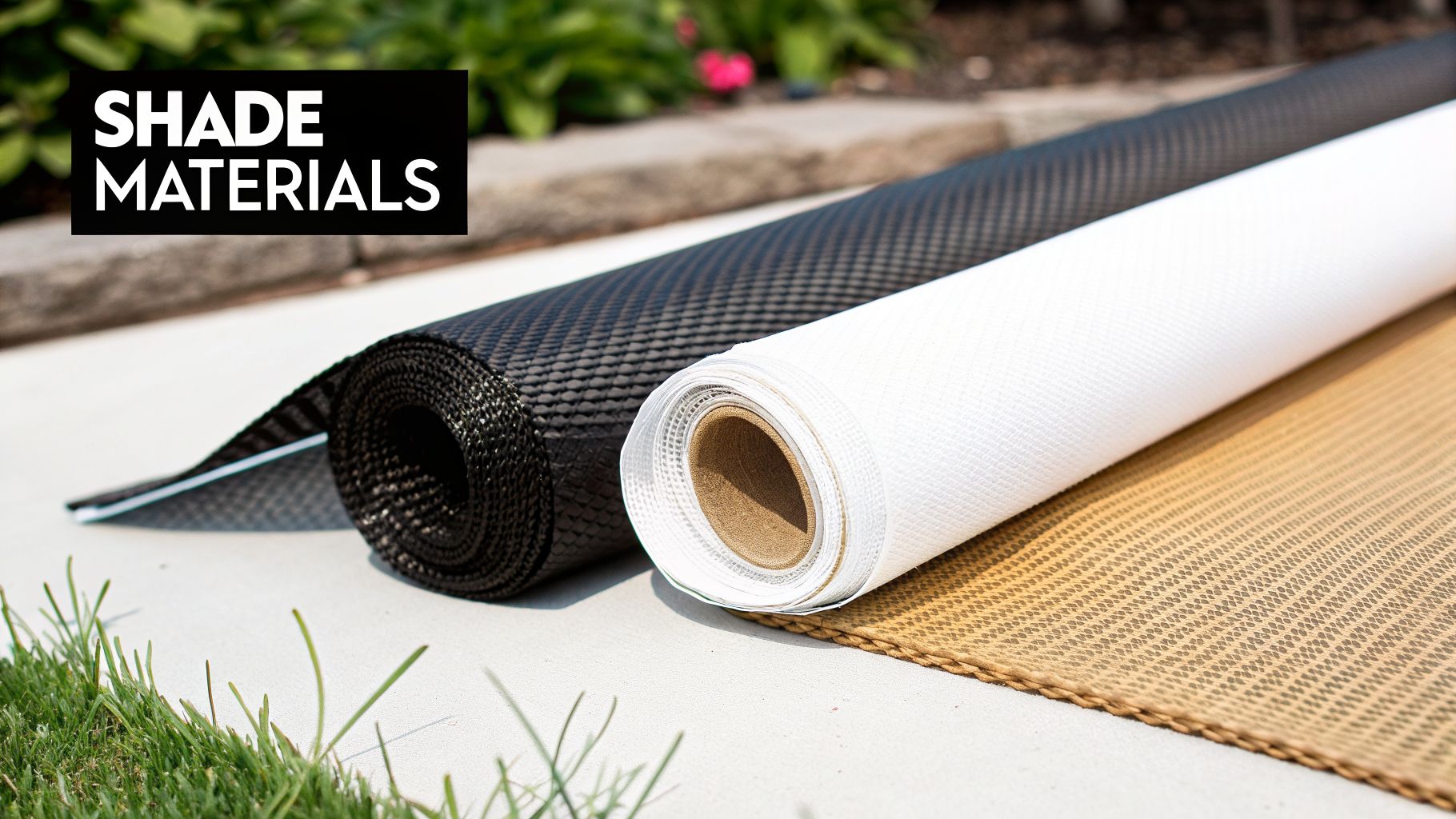 Three rolls of textured shade materials in black, white, and tan for outdoor sun protection.