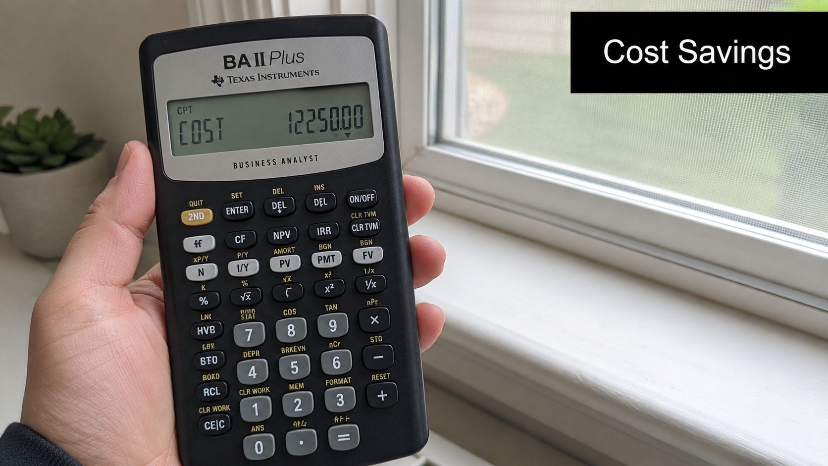 A hand holding a Texas Instruments BA II Plus financial calculator showing the cost value.