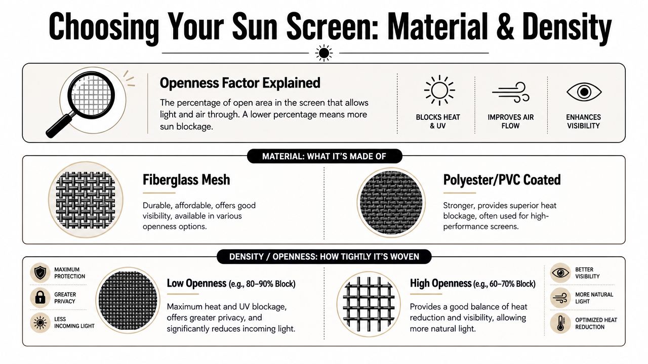 An infographic explaining how to choose sun screen window materials based on density and openness factors.