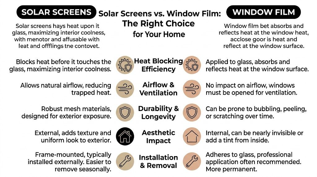 A comparison chart outlining the pros and cons of using solar screens versus window film for home heat control.