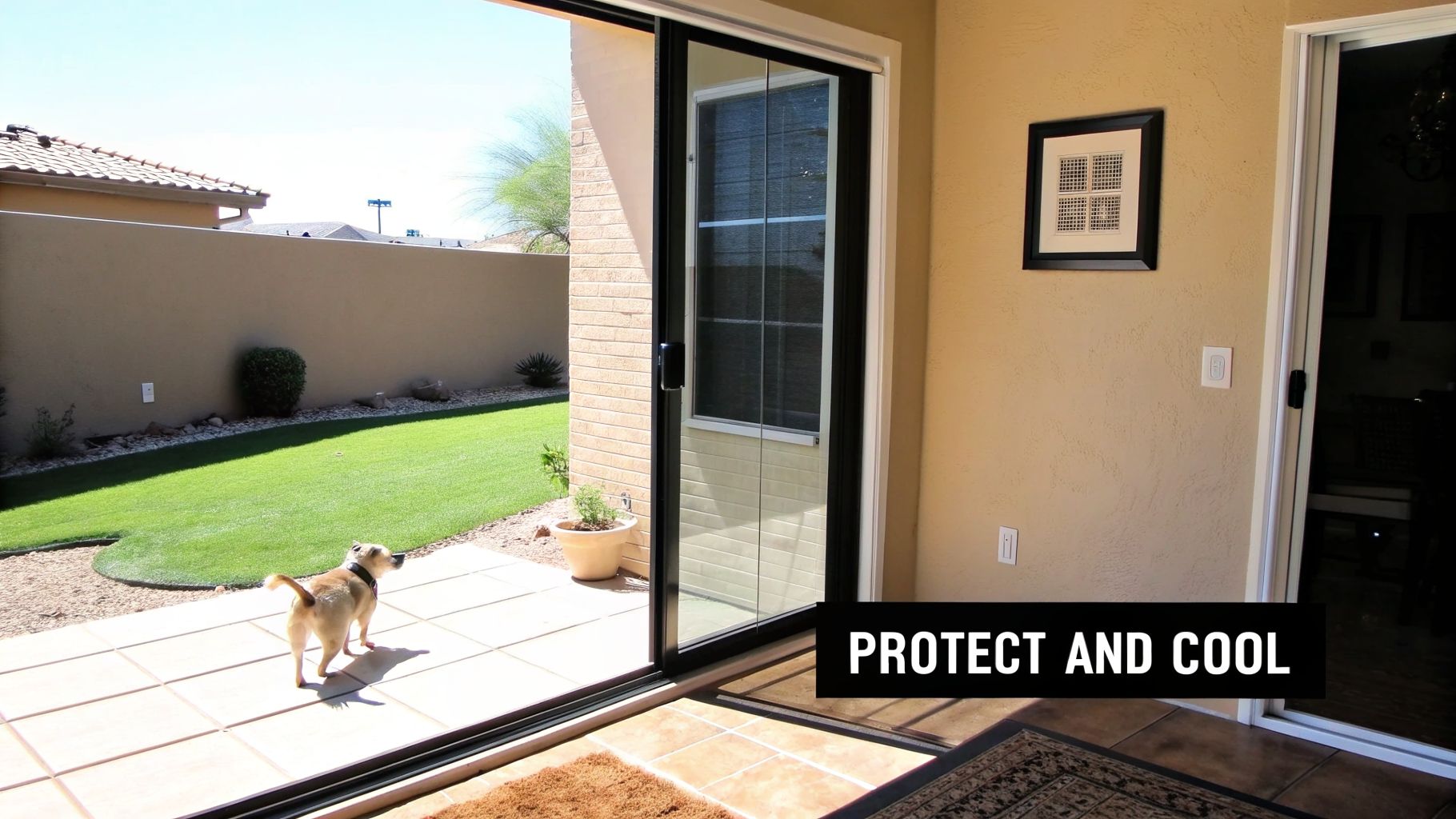 A small dog on a sunny tiled patio looking towards a green lawn through an open sliding glass door.