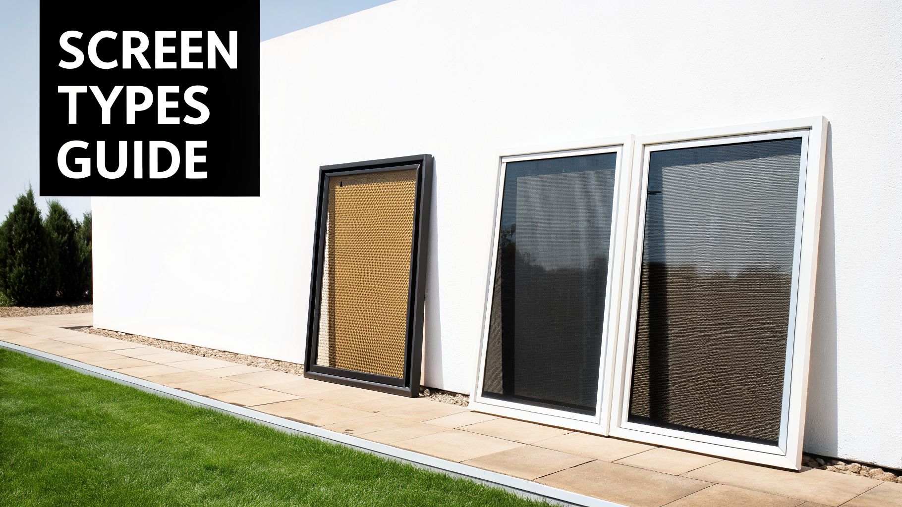 Three different window screen types, one gold mesh, two dark mesh, leaning against a white wall.