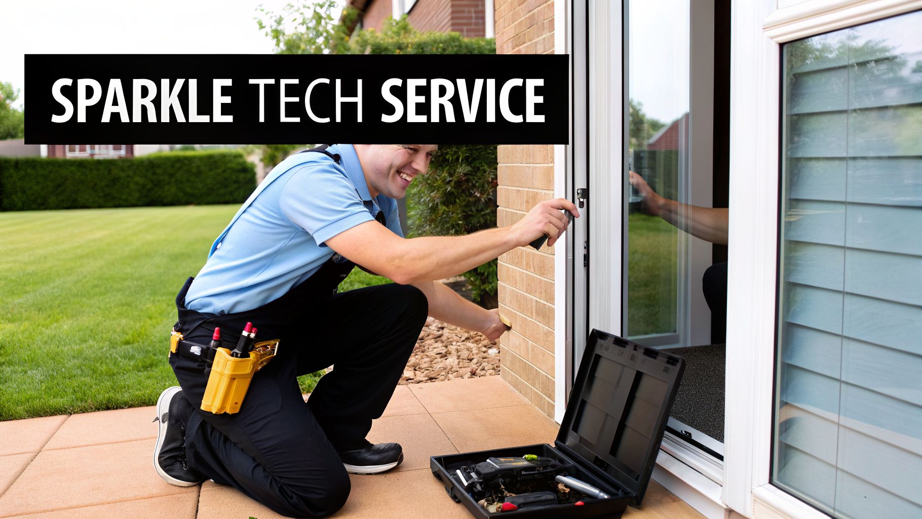 A smiling technician from Northwind Screen Co. Service repairing a door or window outdoors with tools.
