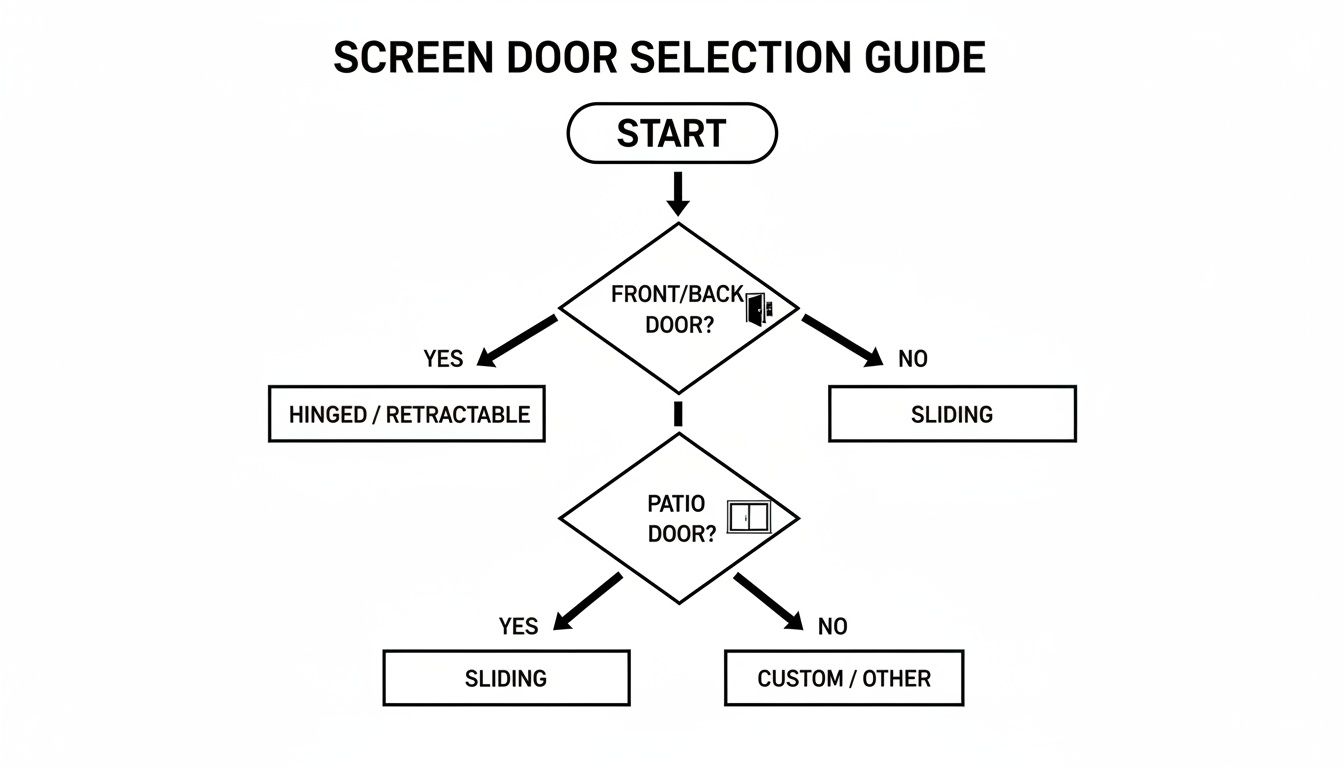 A flowchart titled 'Screen Door Selection Guide' helps users choose between hinged, retractable, sliding, or custom screen doors.