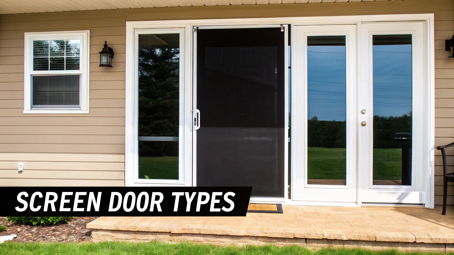 Exterior view of a house entrance with a black screen door, French doors, and a window.