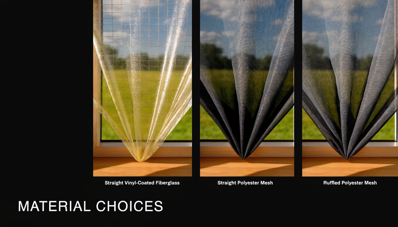 Three examples of window screen materials including vinyl-coated fiberglass and polyester mesh shown against a sunny landscape.