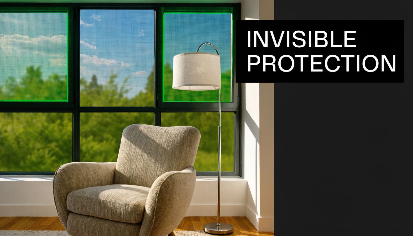 A cozy beige armchair sits by a window featuring a green UV protective window screen display.