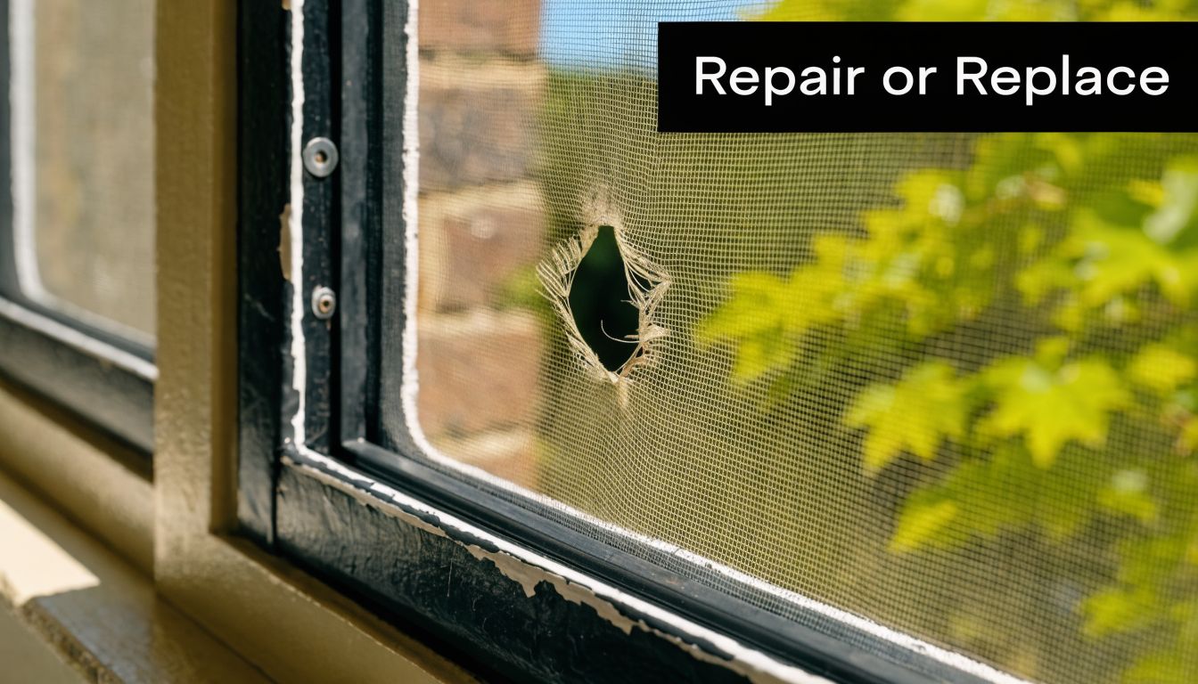 A close-up view of a damaged window screen with a large hole, set against a blurred background.