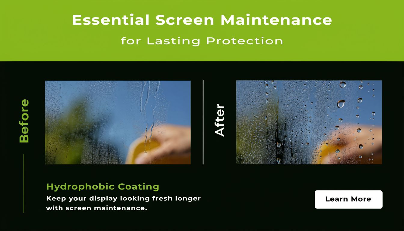 A comparison image showing the benefits of hydrophobic coating on a screen, preventing water droplet accumulation.