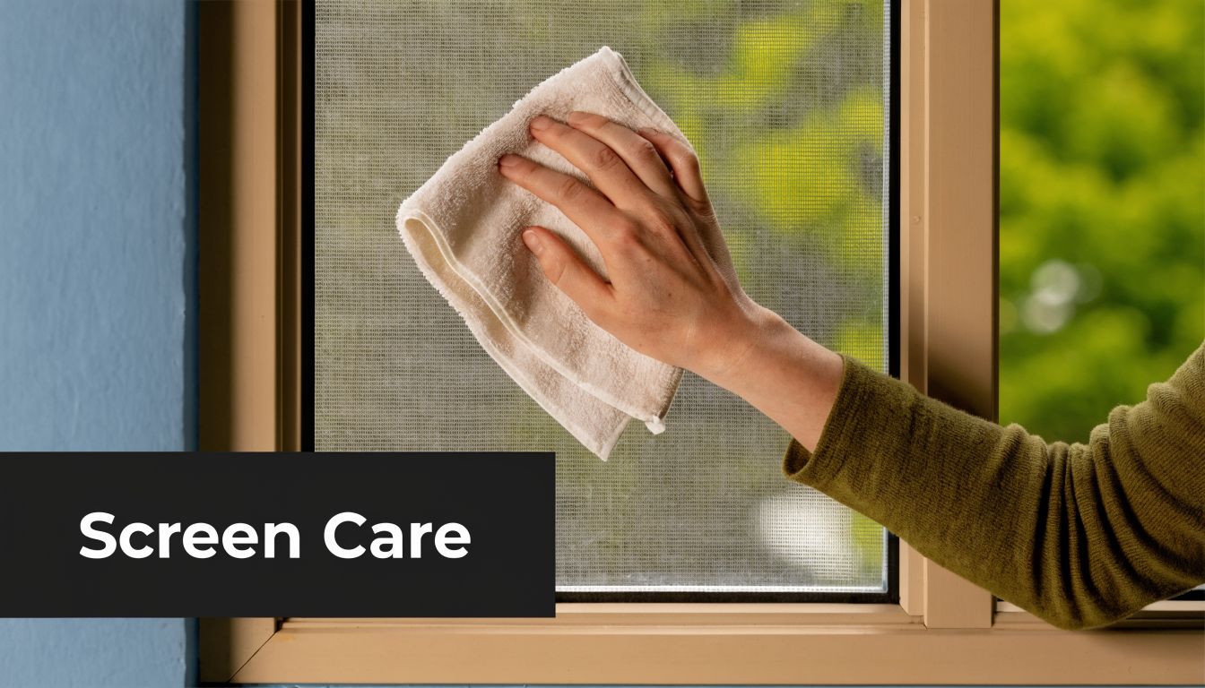 A person cleaning a window screen with a soft beige microfiber cloth indoors during daytime