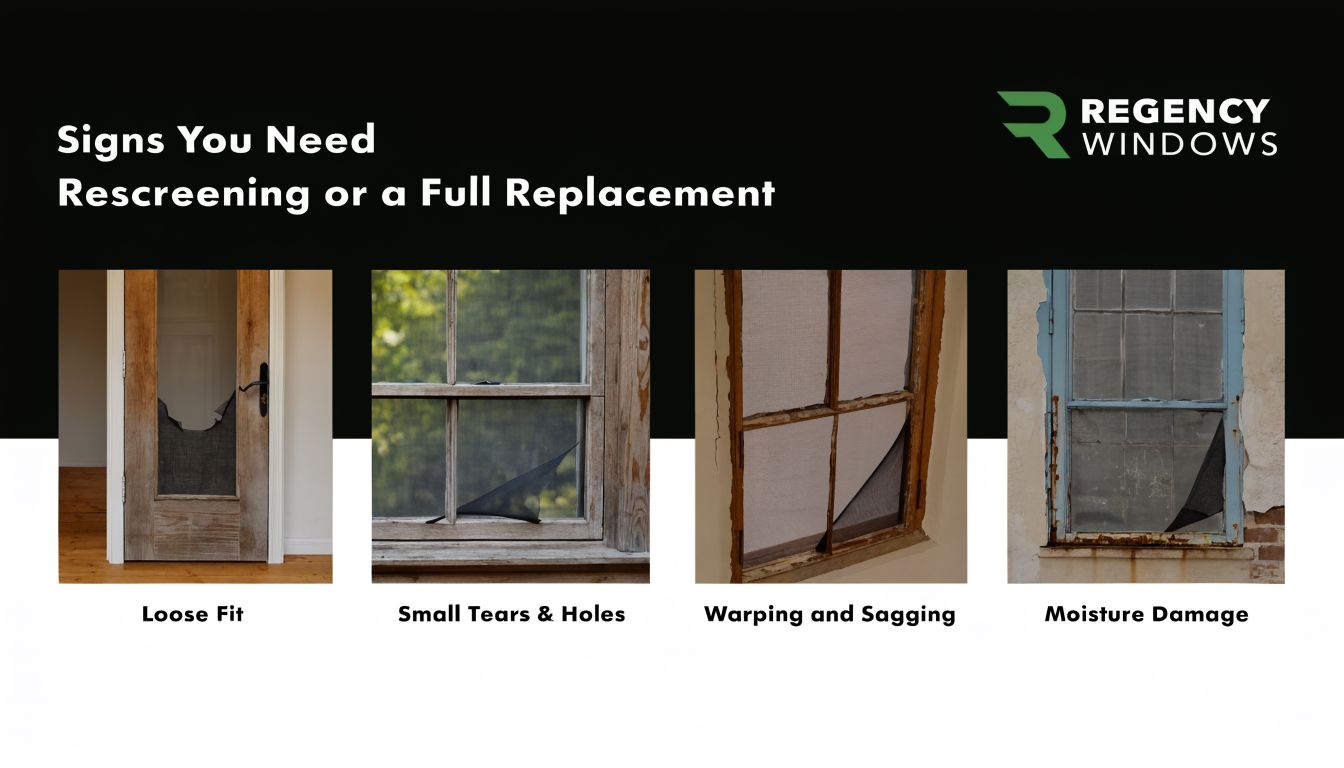 An infographic showing four common window screen problems including loose fit, tears, warping, and moisture damage.