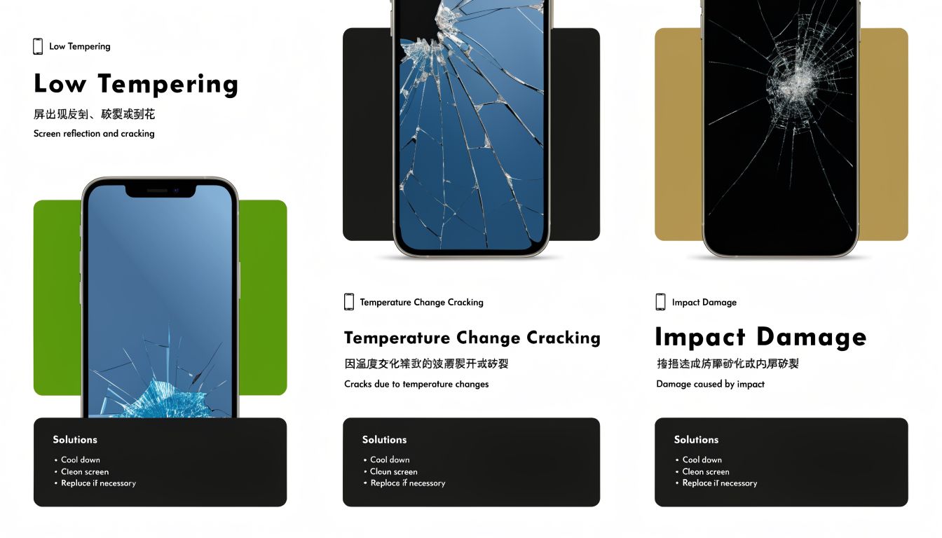 An infographic illustrating three common types of smartphone screen damage: low tempering, temperature change cracking, and impact damage.
