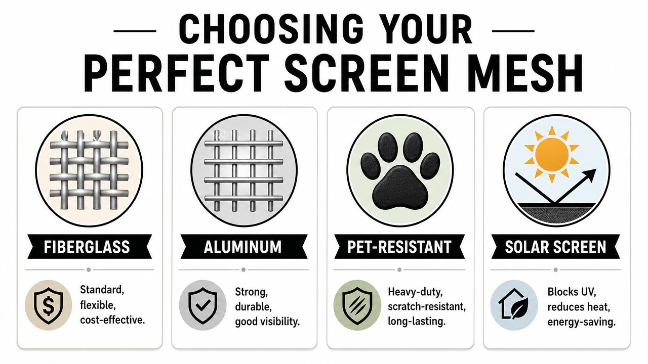 An infographic showing four types of window screen mesh: fiberglass, aluminum, pet-resistant, and solar screen options.