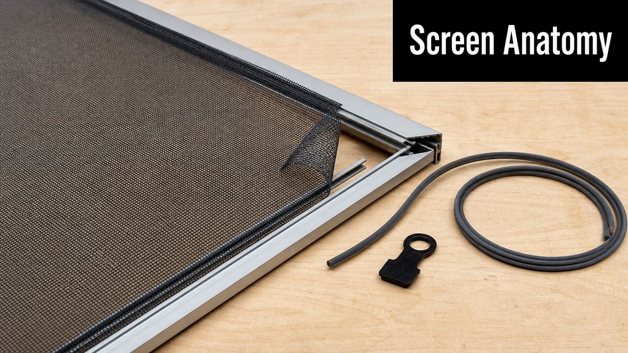 A close-up view of disassembled window screen components including the frame, mesh, spline, and pull tab.