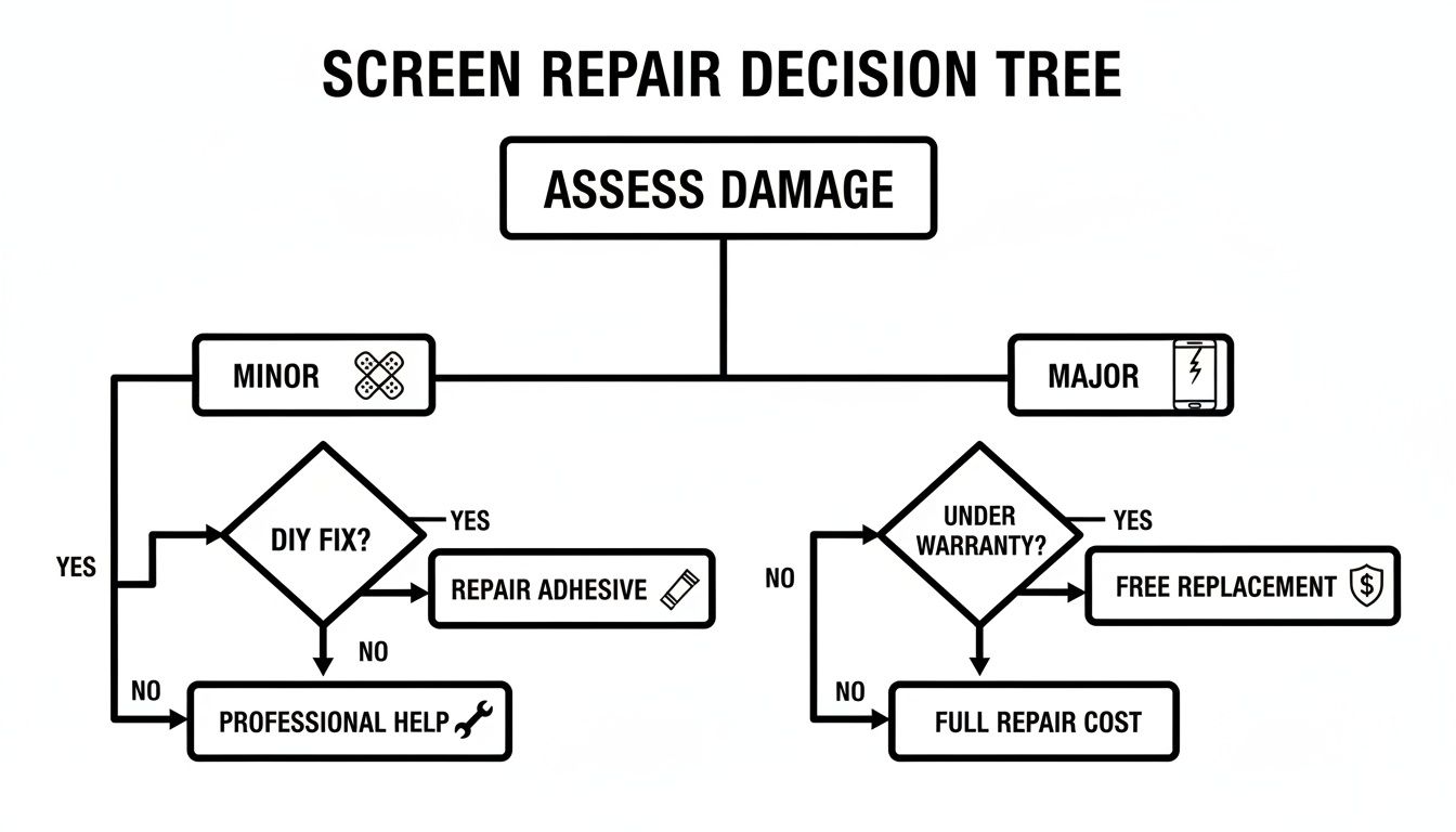 A screen repair decision tree flowchart guiding users through assessing damage, DIY fixes, warranty checks, and repair options.