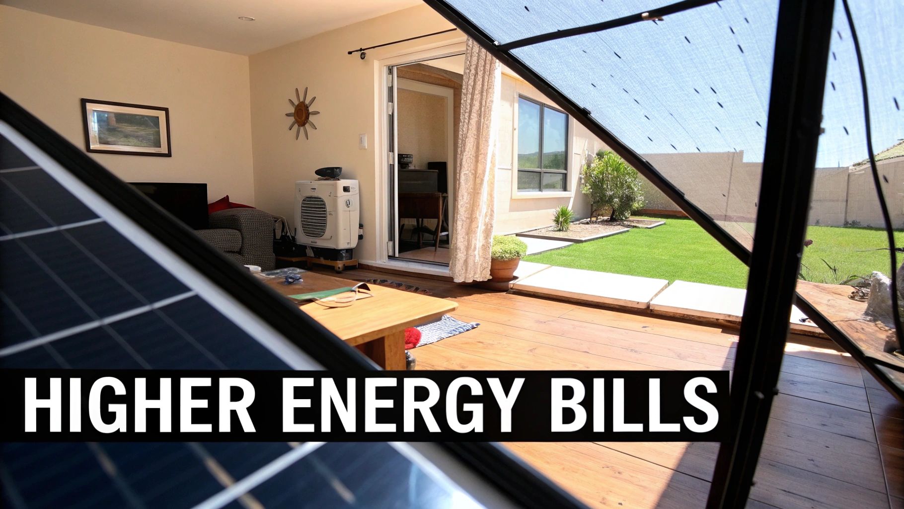 Solar panels framing a view of a living room and backyard with a text overlay 'HIGHER ENERGY BILLS'.
