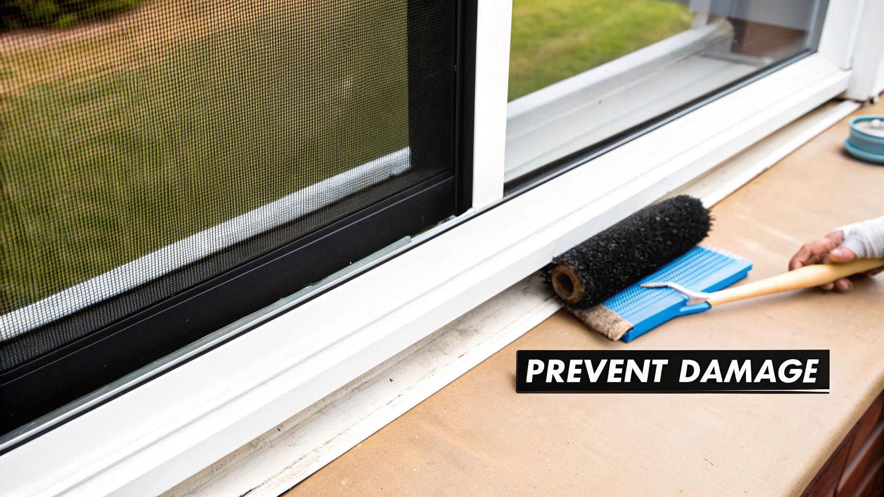 A person's hand uses tools to repair or maintain a window screen to prevent damage.
