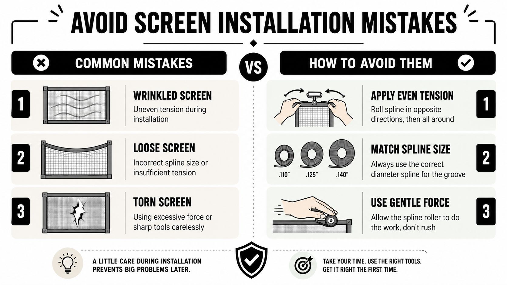 A helpful infographic comparing common window screen installation mistakes with the correct steps to fix them.