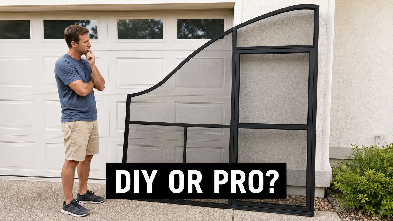 A man stands in front of a garage door contemplating whether to install a screen door himself.
