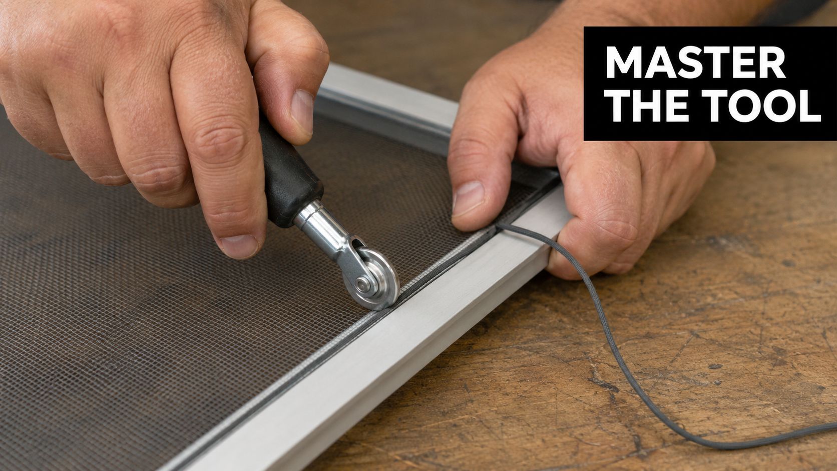 A close-up view of hands using a spline roller tool to install mesh on a window screen.