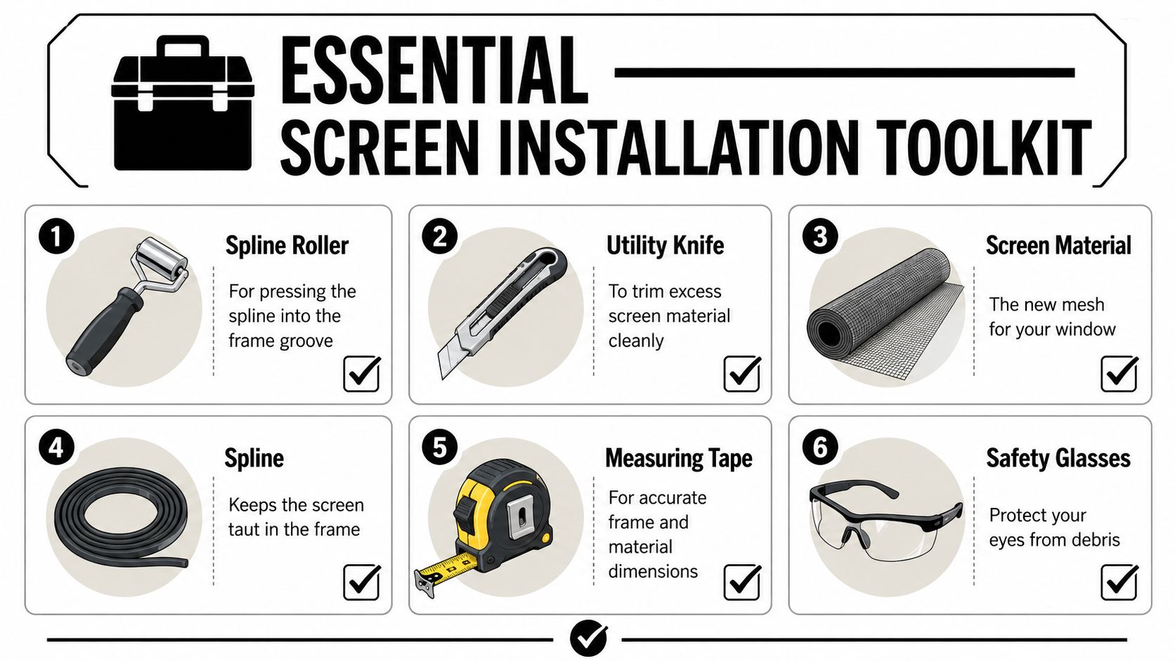 An infographic displaying the six essential tools needed for installing a replacement window screen.