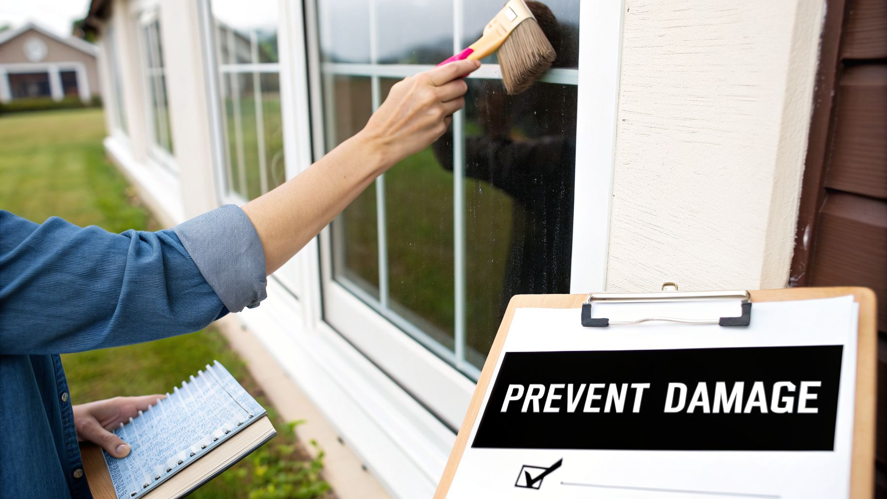 A person is brushing a white window frame with a pink and brown brush, with a clipboard showing "PREVENT DAMAGE" in the foreground.