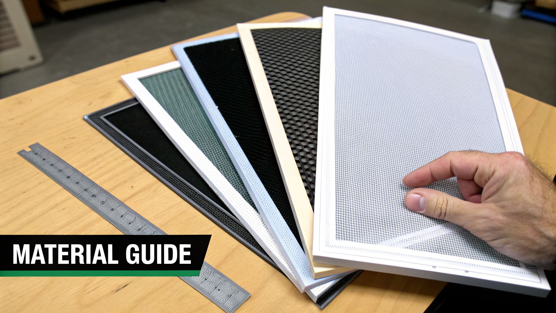A hand inspects a white window screen, with various mesh material samples and a ruler on a wooden table.