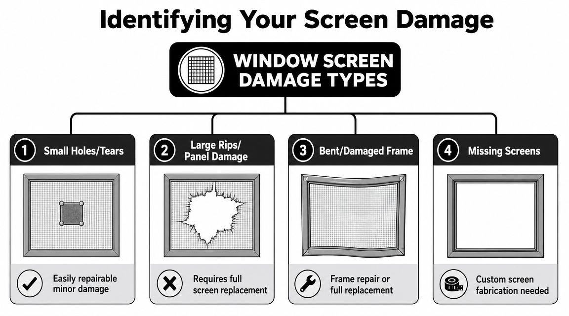 A diagnostic infographic illustrating four common types of window screen damage and their respective repair solutions.