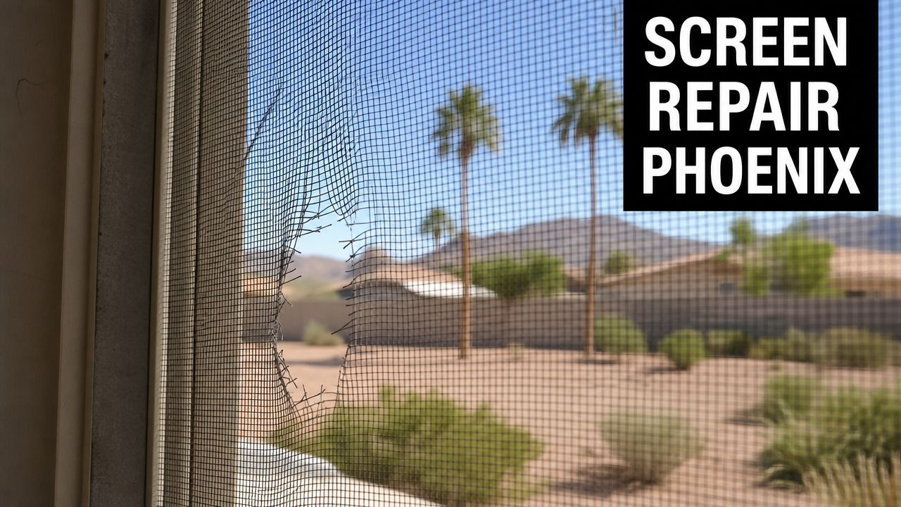 A close-up view of a damaged window screen with a large hole looking out at a desert landscape.