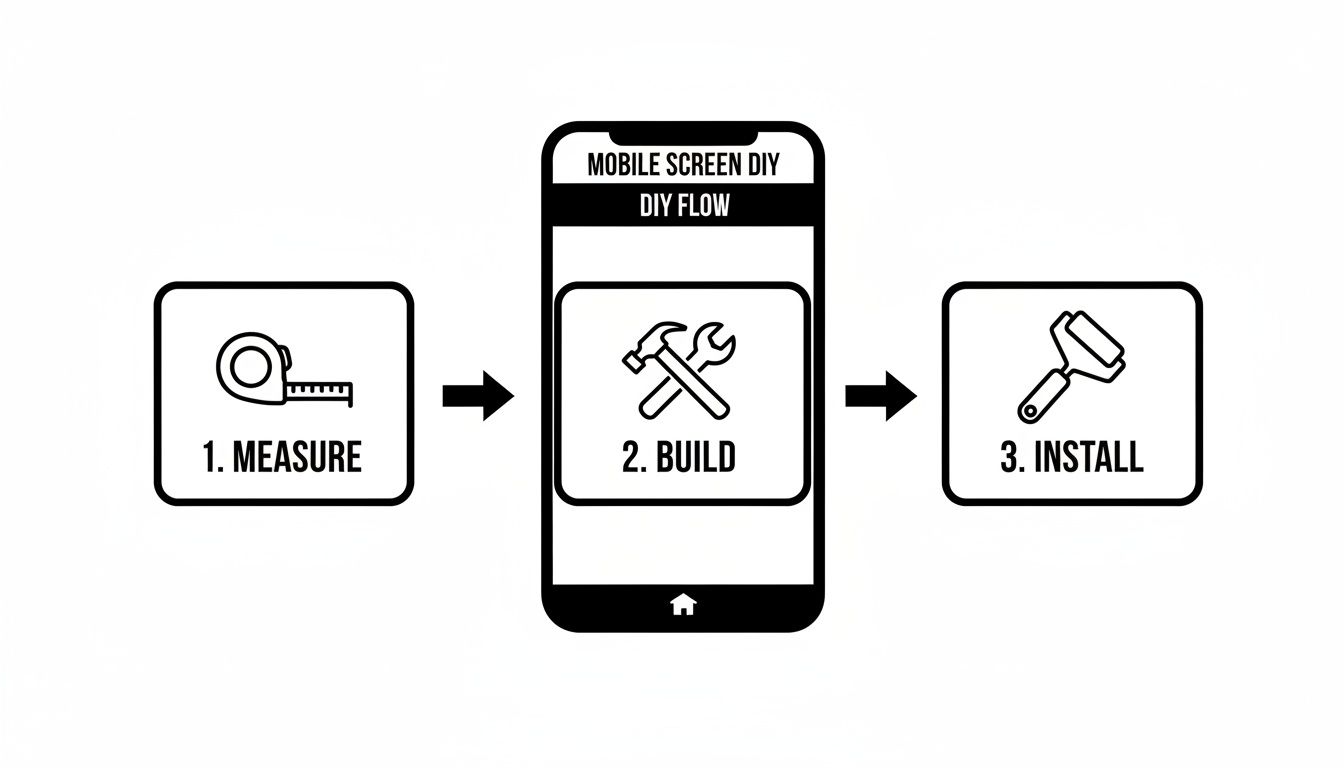 A graphic illustrating a three-step DIY process for mobile screen replacement: 1. Measure, 2. Build, 3. Install.