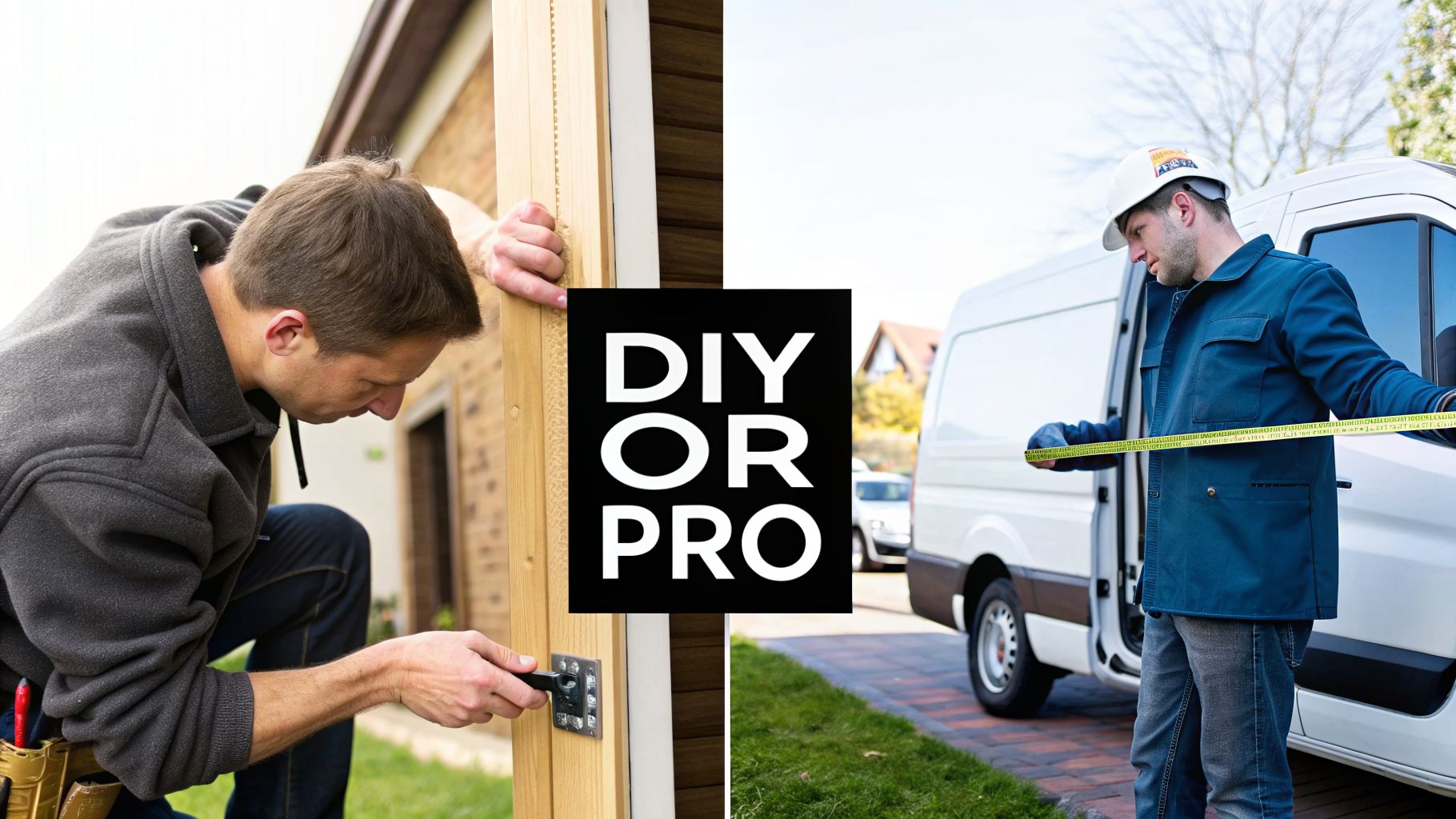 A split image shows a person doing DIY work and a professional measuring near a white van.