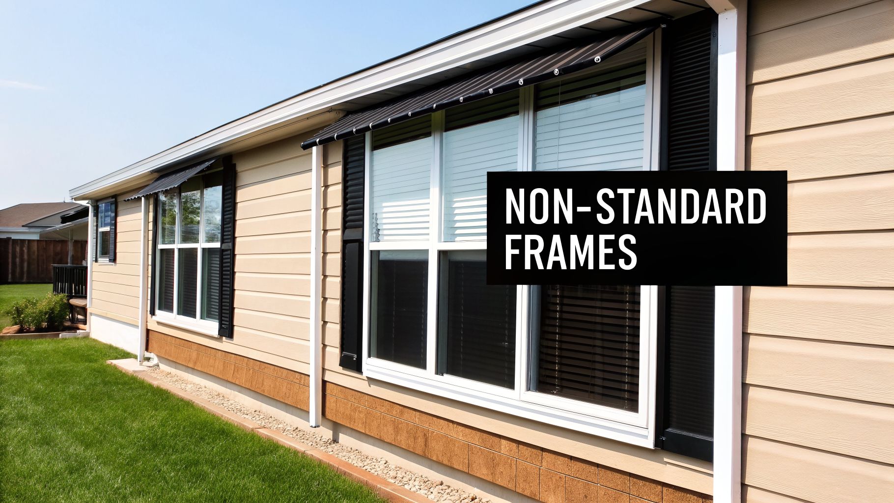Exterior view of a tan mobile home with multiple windows, black shutters, and striped awnings, surrounded by green grass.