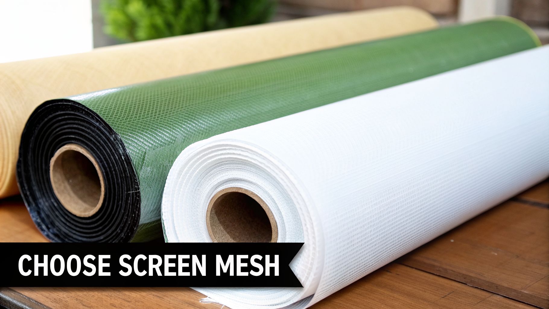 Three rolls of beige, green, and white screen mesh material on a wooden table.