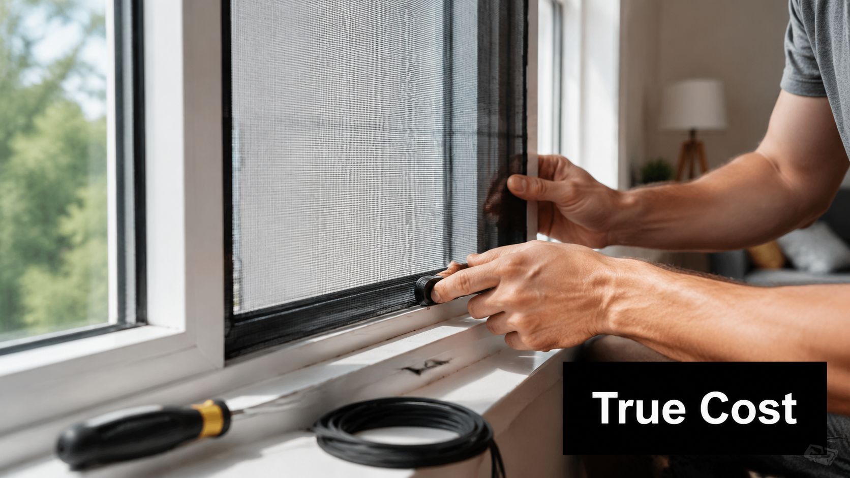 A close-up view of a person using a spline roller to install new mesh on a window screen.