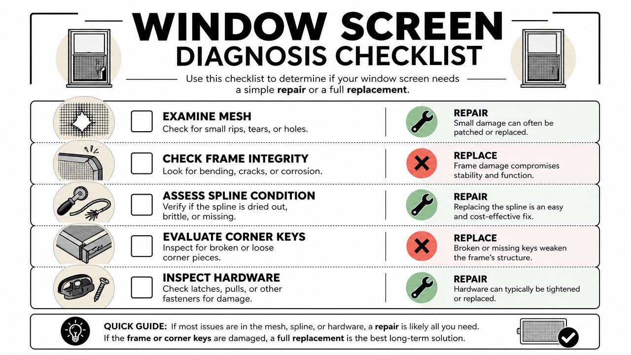 An infographic checklist for evaluating whether a window screen needs a simple repair or full replacement.