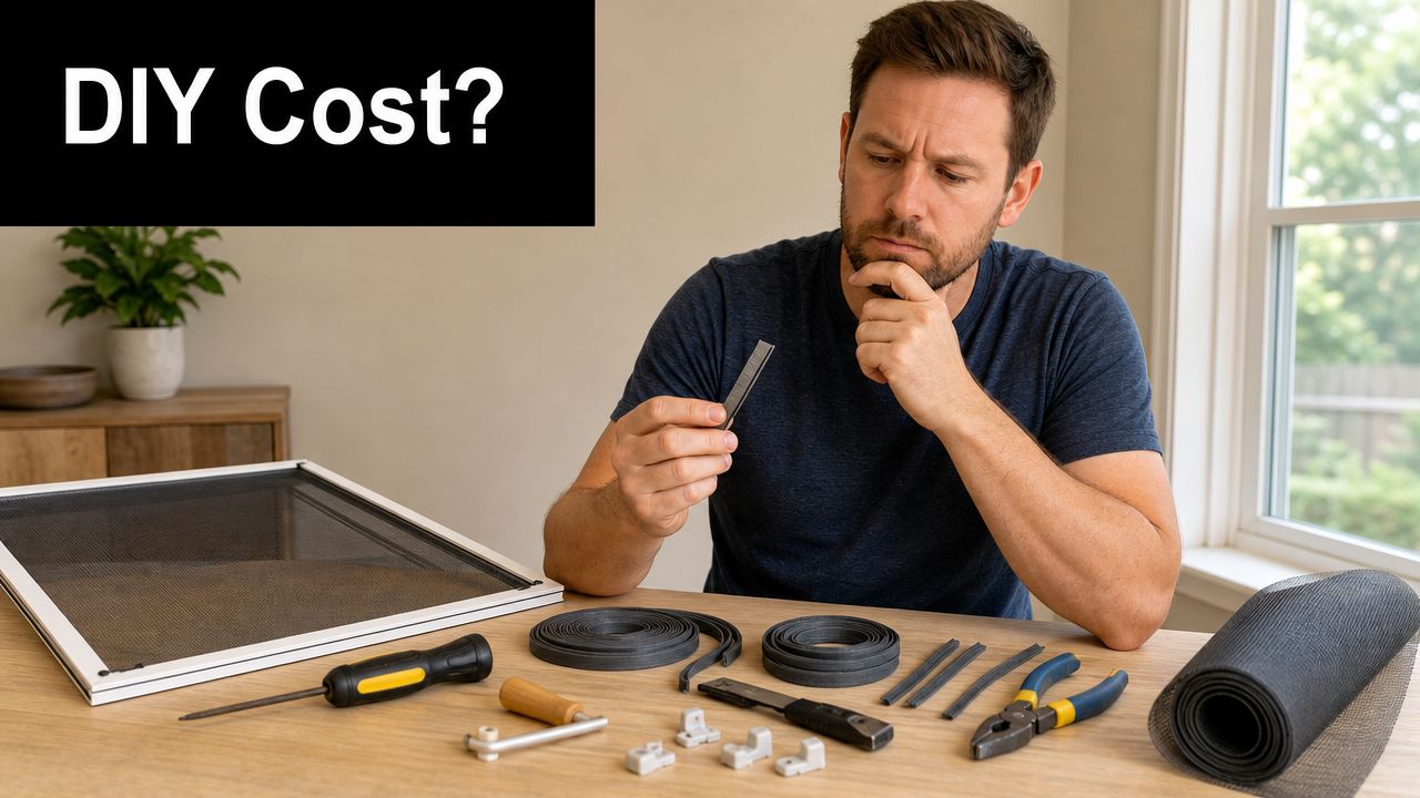 A man thoughtfully examines replacement parts for a window screen repair project on a wooden table.