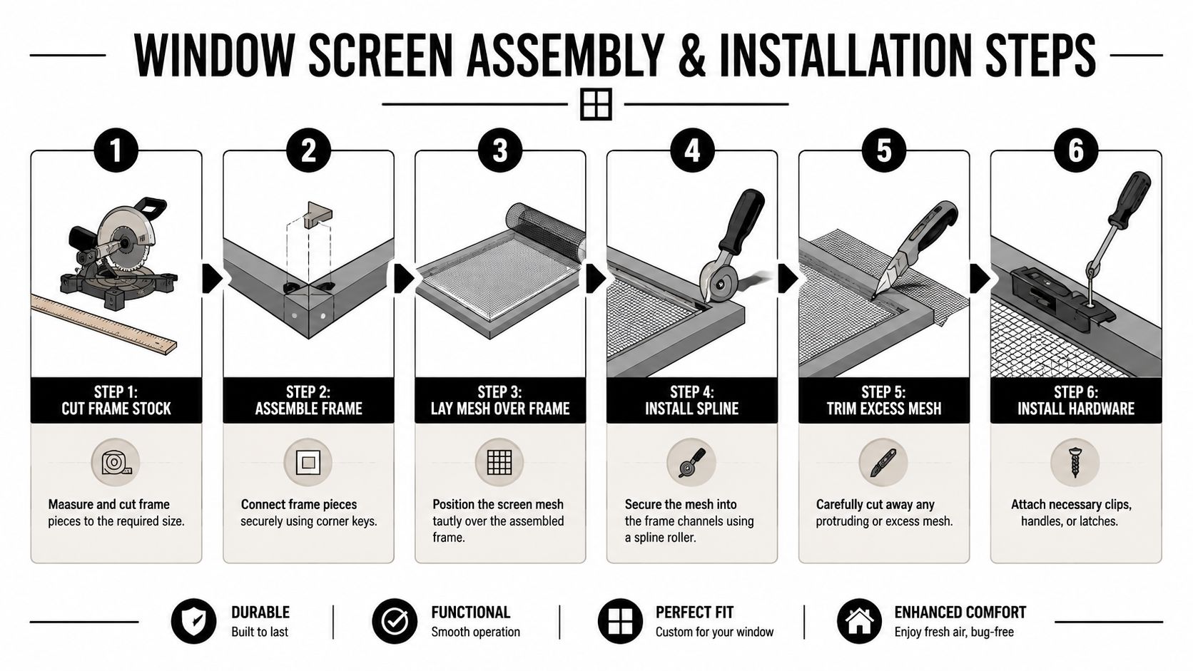 A six-step infographic illustrating the process of assembling and installing a DIY window screen frame.