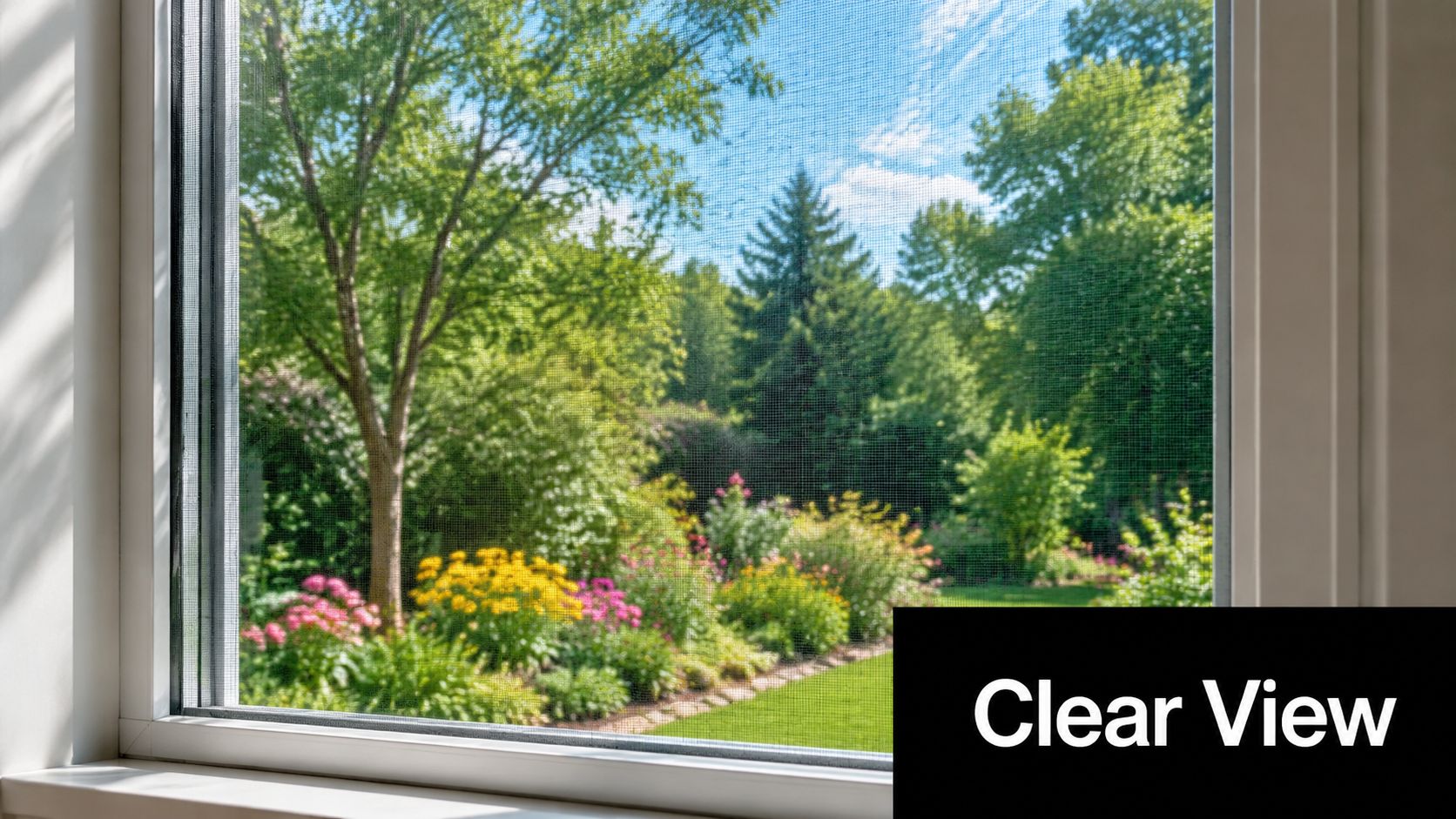 A clear view through a window screen looking out at a sunny backyard garden with green trees.