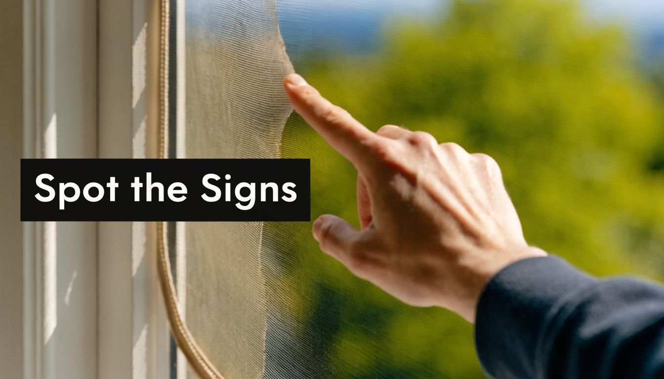A hand pointing to a damaged window screen, highlighting signs that indicate a need for repair.