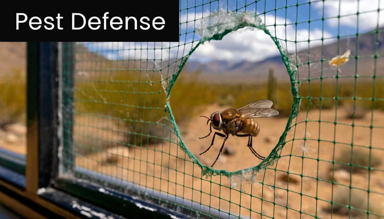 A close up view of a fly crawling through a large hole in a green window screen.