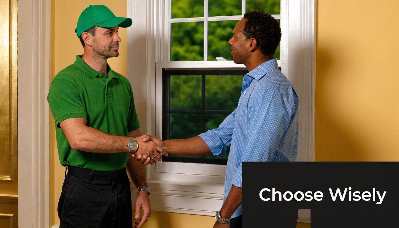 A professional window technician wearing a green uniform shakes hands with a satisfied homeowner indoors.