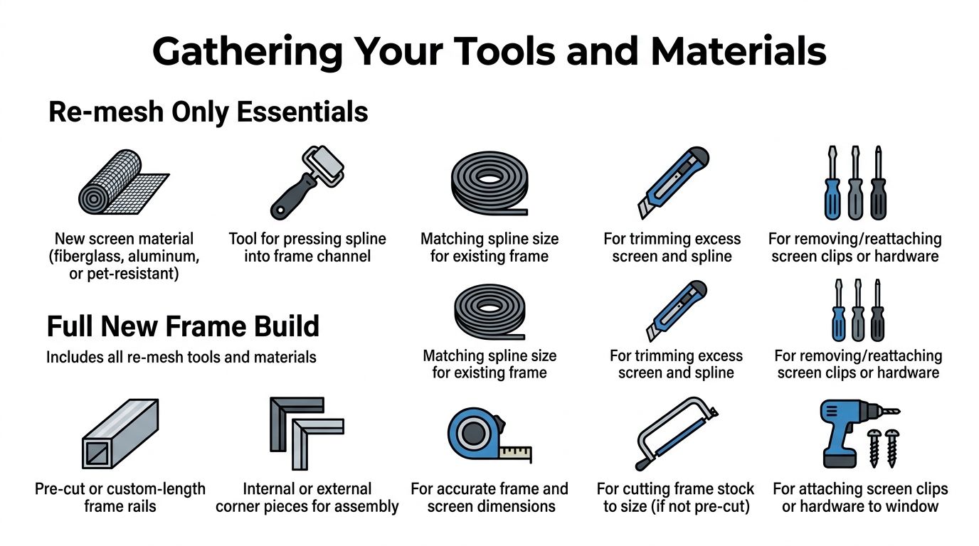 An infographic showing the necessary tools and materials for window screen replacement and full frame builds.