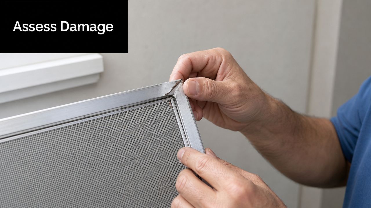 A person inspects the damaged corner of a window screen frame before proceeding with replacement.