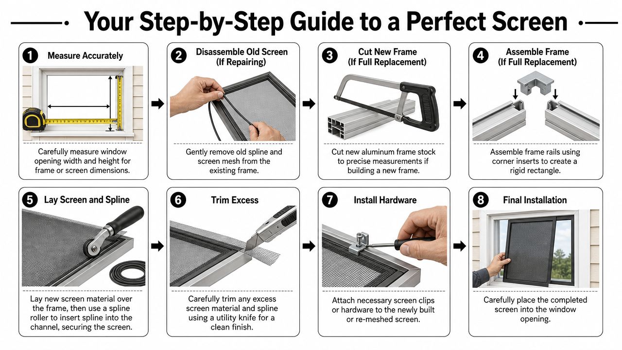 An eight-step infographic guide explaining how to measure, repair, and install a new window screen frame.