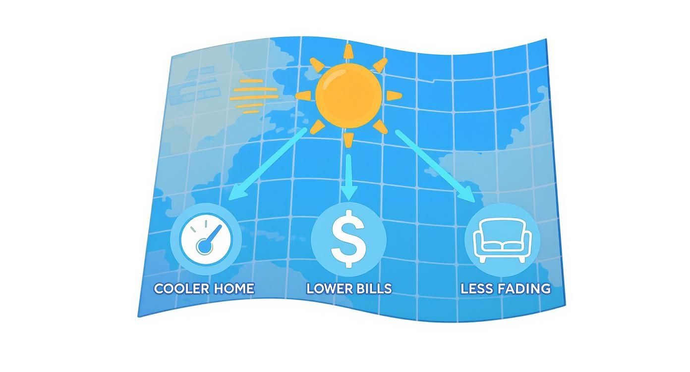 Illustration showing sun rays impacting a home, leading to cooler temperatures, lower energy bills, and reduced furniture fading.